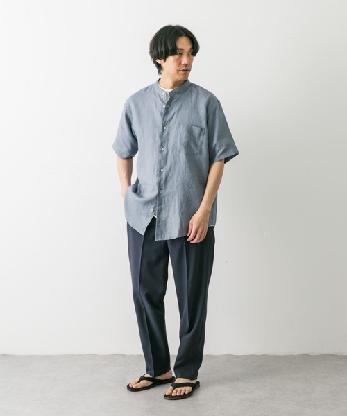 MHL. 日本製 リネン バンドカラー ショートスリーブ シャツ ストライプ L XLサイズ/WEB限定』シルケットリネン バンドカラーショート