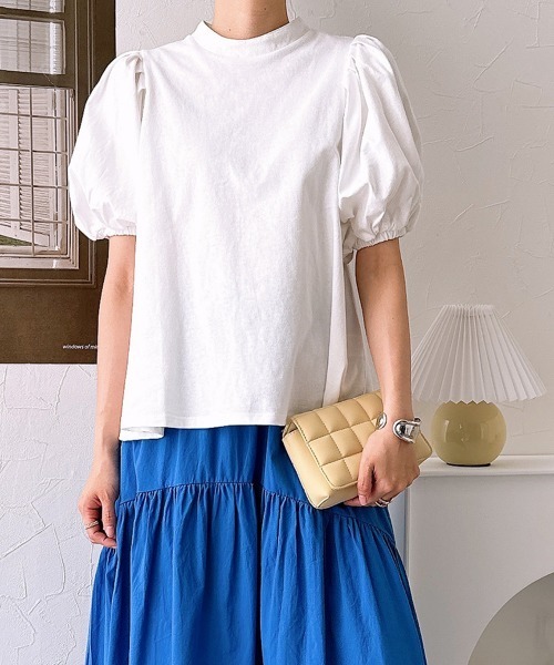 nissen(ニッセン)の「【販売終了】綿100%バックリボンスタンドカラーパフスリーブカットソートップス(Tシャツ/カットソー・レディース・オフホワイト/ブラック・M/L)」の11枚目の写真