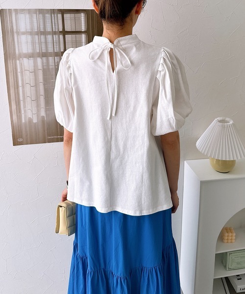 nissen(ニッセン)の「【販売終了】綿100%バックリボンスタンドカラーパフスリーブカットソートップス(Tシャツ/カットソー・レディース・オフホワイト/ブラック・M/L)」の12枚目の写真