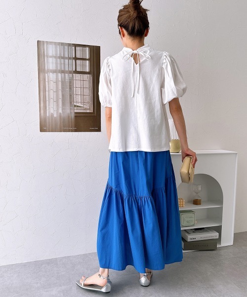nissen(ニッセン)の「【販売終了】綿100%バックリボンスタンドカラーパフスリーブカットソートップス(Tシャツ/カットソー・レディース・オフホワイト/ブラック・M/L)」の10枚目の写真