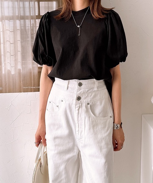nissen(ニッセン)の「【販売終了】綿100%バックリボンスタンドカラーパフスリーブカットソートップス(Tシャツ/カットソー・レディース・オフホワイト/ブラック・M/L)」の6枚目の写真