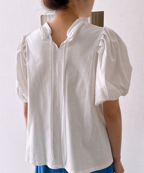 nissen(ニッセン)の「【販売終了】綿100%バックリボンスタンドカラーパフスリーブカットソートップス(Tシャツ/カットソー・レディース・オフホワイト/ブラック・M/L)」の20枚目の写真