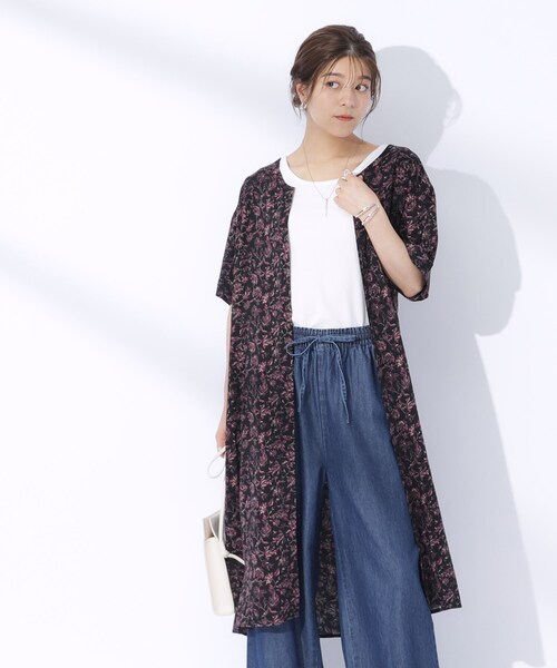 Quitter pas 花柄 Vネック ワンピース Cotton Jacquard Lily Print Shirring Dress | Pasand by ne