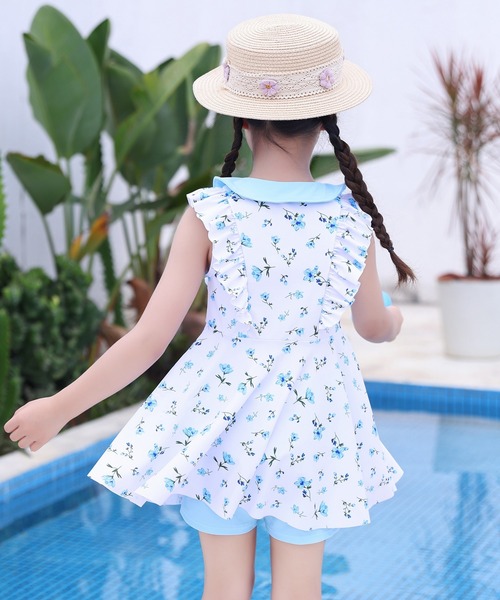 セール】キッズ水着 小花柄リボンフリルワンピース+ショートパンツ