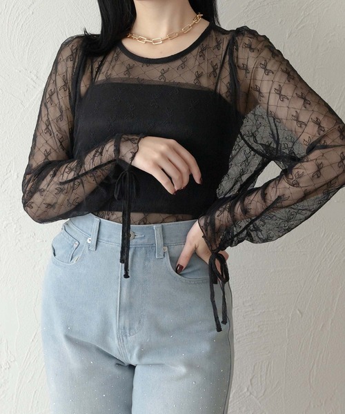 Ambre Neige(アンブルネージュ)の「tulle ribbon tops / チュールリボントップス(シャツ/ブラウス・レディース・オフホワイト/ブラック・FREE)」の8枚目の写真