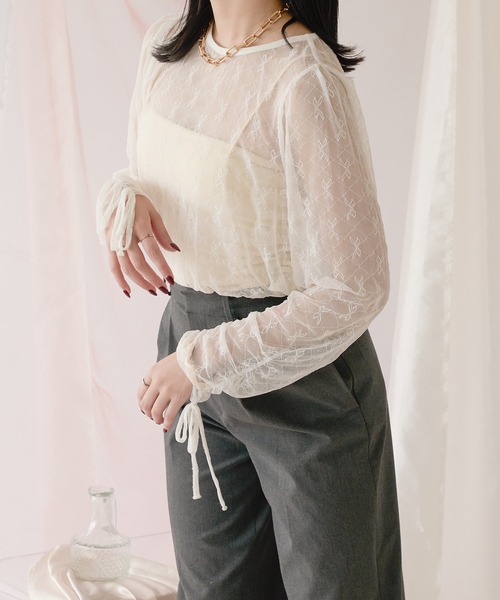 Ambre Neige(アンブルネージュ)の「tulle ribbon tops / チュールリボントップス(シャツ/ブラウス・レディース・オフホワイト/ブラック・FREE)」の4枚目の写真
