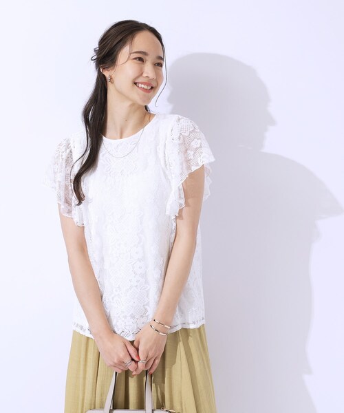 無理せずキレイ】ブラウス見え お袖フリルレーストップス（Tシャツ