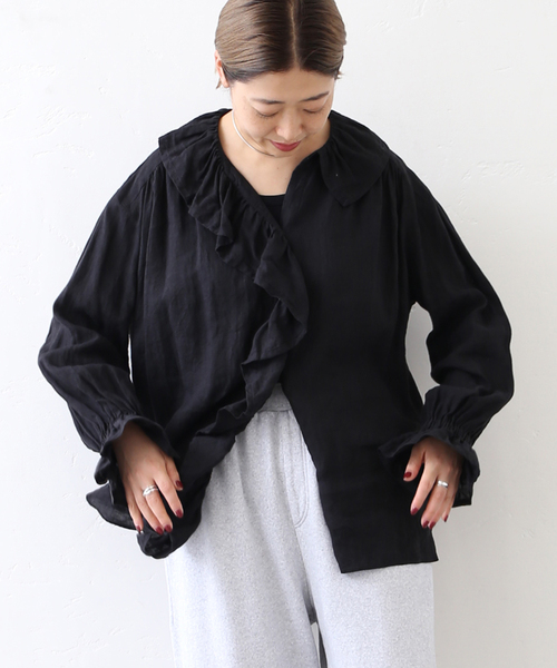 JOURNAL STANDARD LUXE(ジャーナルスタンダード ラックス)の「フレンチリネン フリルパフブラウス(シャツ/ブラウス・レディース・ブラック/ホワイト・FREE)」の9枚目の写真