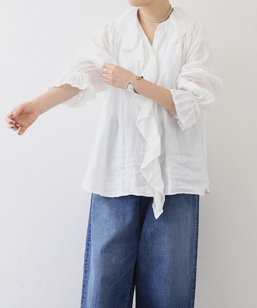 ジャーナルスタンダードラックス　フレンチリネンフリルパフブラウス　オフ白 journal standard luxe｜《追加予約3》フレンチリネン フリル