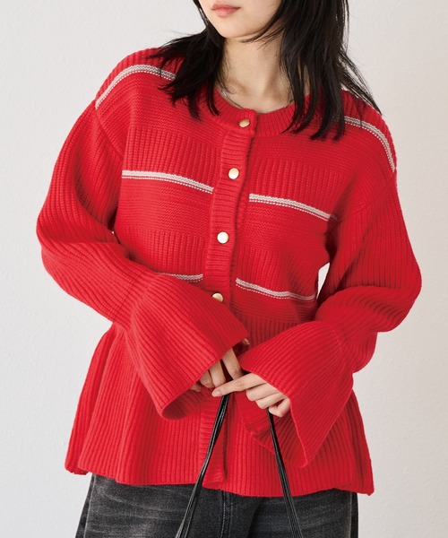 LAVEANGE（ラビアンジェ）の「【洗える】ボーダーペプラムニットカーデ（カーディガン/ボレロ・レディース・グレー/ブラック/レッド・M/3L/4L）」の3枚目の写真