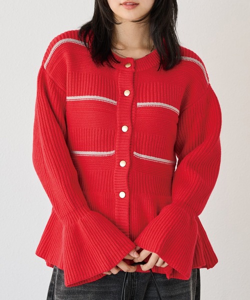 LAVEANGE（ラビアンジェ）の「【洗える】ボーダーペプラムニットカーデ（カーディガン/ボレロ・レディース・グレー/ブラック/レッド・M/3L/4L）」の12枚目の写真