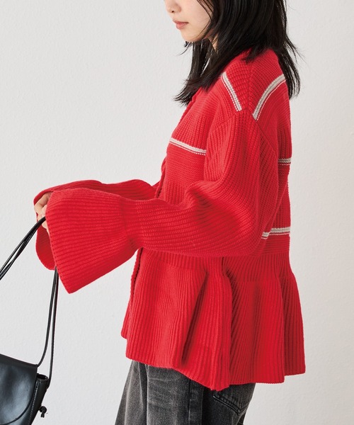 LAVEANGE（ラビアンジェ）の「【洗える】ボーダーペプラムニットカーデ（カーディガン/ボレロ・レディース・グレー/ブラック/レッド・M/3L/4L）」の14枚目の写真