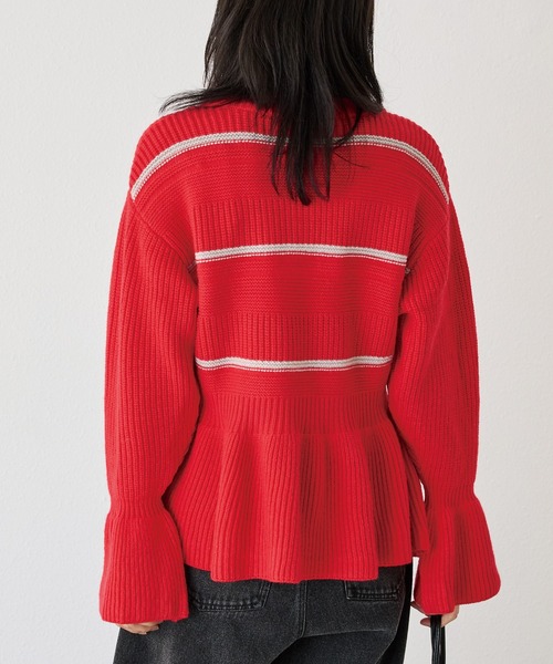 LAVEANGE（ラビアンジェ）の「【洗える】ボーダーペプラムニットカーデ（カーディガン/ボレロ・レディース・グレー/ブラック/レッド・M/3L/4L）」の15枚目の写真