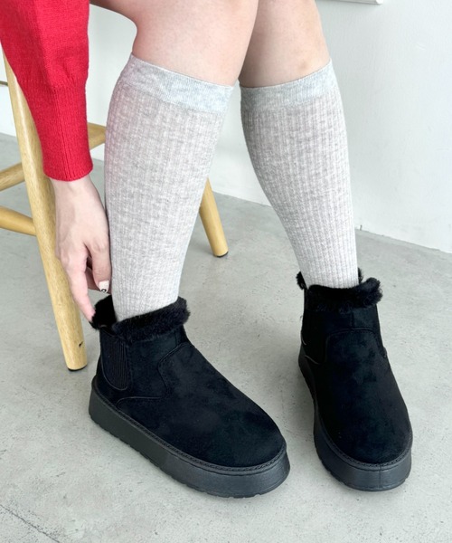黒 早けれ レザー テキスタイル ムートンブーツ 