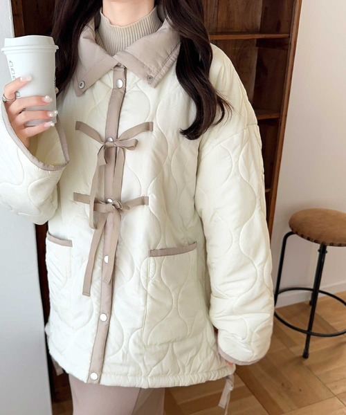 LORITTI　ラムレザー　キルティングコート　ウエストリボン付属　新品タグ付き セール】【mily bilet】フェミニンに着こなせる冬アウター。リボン使い