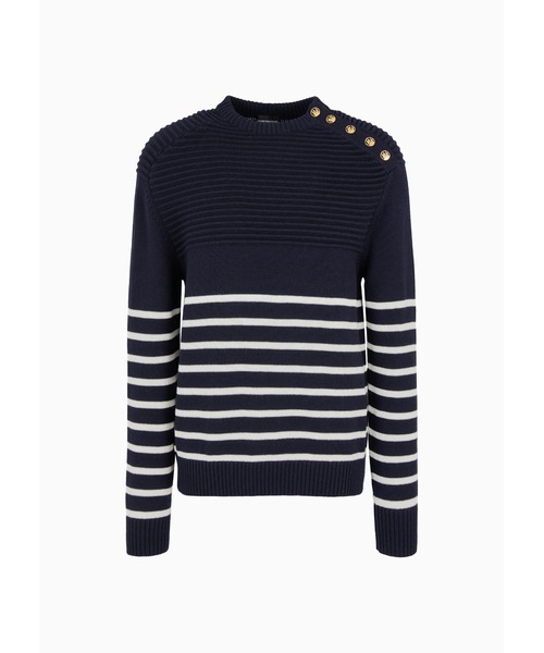EMPORIO ARMANI（エンポリオアルマーニ）の「【エンポリオ アルマーニ】セーター バージンウール混紡 ボタン付きショルダー＆コントラストストライプ（ニット/セーター・メンズ・ネイビー・LARGE/MEDIUM/SMALL）」の7枚目の写真