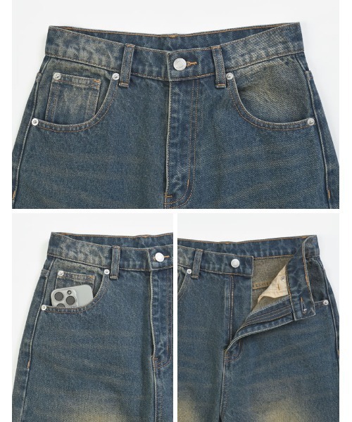 低身長/高身長サイズ有]コットンデニムハイウエストワイドパンツ