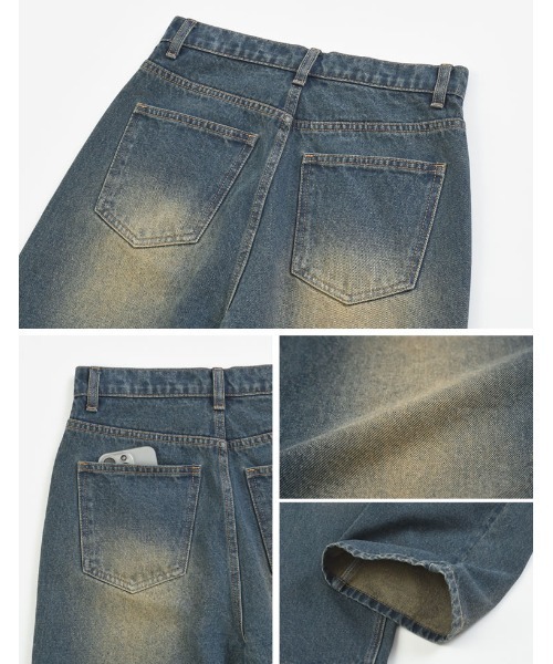 低身長/高身長サイズ有]コットンデニムハイウエストワイドパンツ