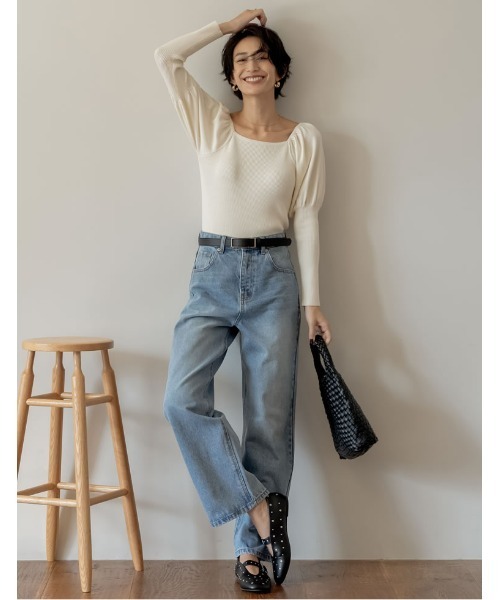低身長/高身長サイズ有]コットンデニムハイウエストワイドパンツ