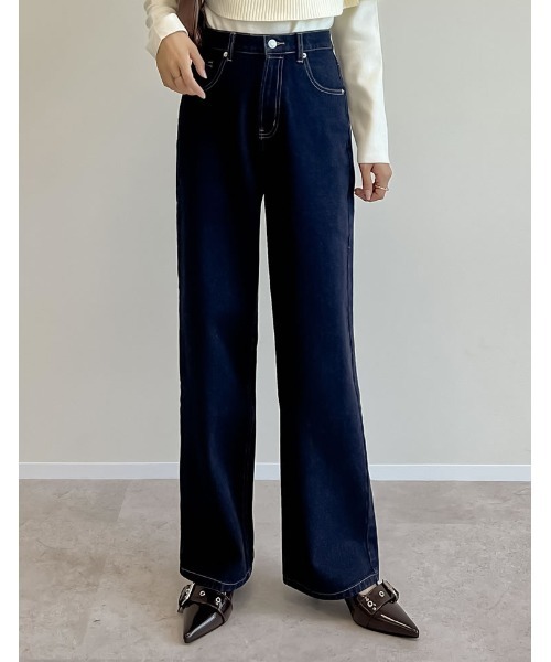低身長/高身長サイズ有]コットンデニムハイウエストワイドパンツ  