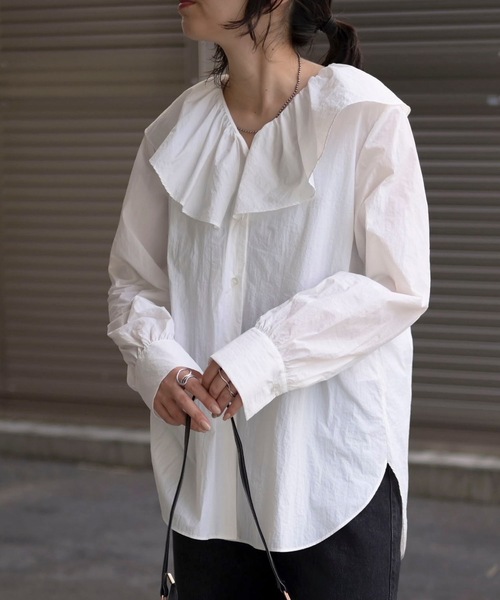セール】ラッフルカラーナイロンワッシャーブラウス（Tシャツ