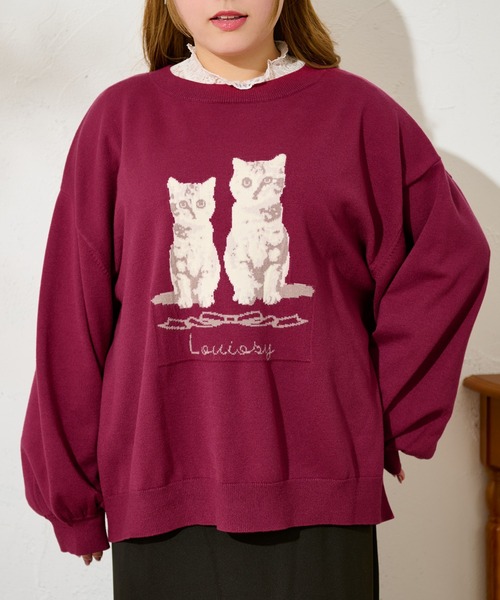 ニット セーター 「大きいサイズ」キャットドッグ ジャガードオーバーニット レディース Louiosy（ルオシー）の「【大きいサイズ】キャットドッグ