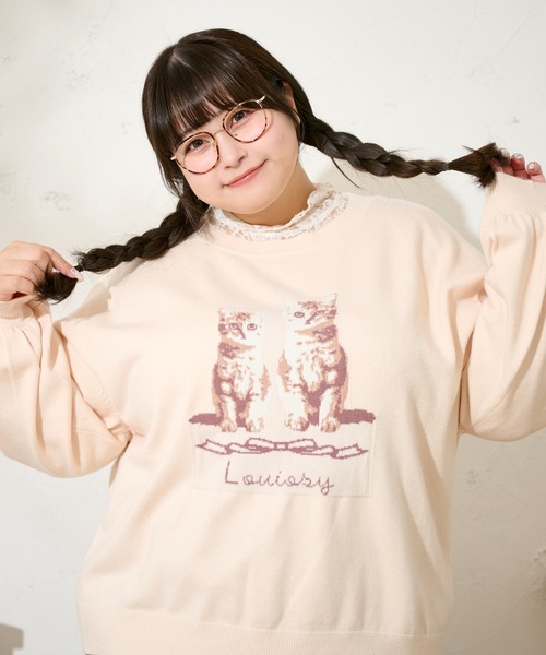 Louiosy（ルオシー）の「【大きいサイズ】キャットドッグ ジャガードオーバーニット（ニット/セーター・レディース・サックスブルー/アイボリー/レッド・4L/X-LARGE/3L）」の5枚目の写真