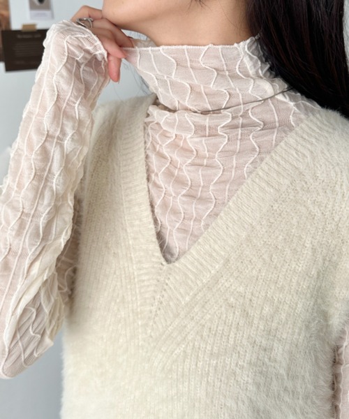 CLEA(クレア)の「ウェーブデザインシアートップス(Tシャツ/カットソー・レディース・グレー/ブラック/アイボリー/ブラウン/ホワイト・FREE)」の1枚目の写真