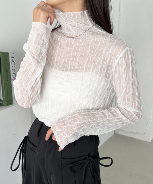 CLEA(クレア)の「ウェーブデザインシアートップス(Tシャツ/カットソー・レディース・グレー/ブラック/アイボリー/ブラウン/ホワイト・FREE)」の7枚目の写真