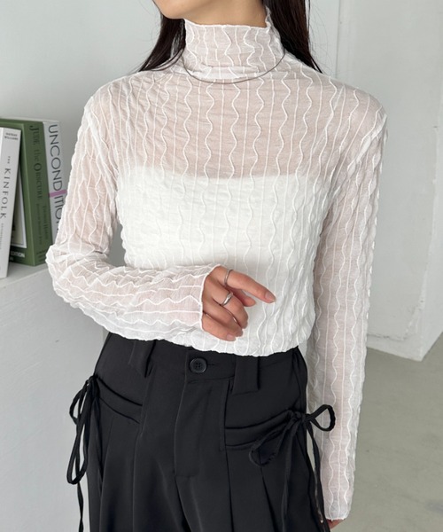 CLEA(クレア)の「ウェーブデザインシアートップス(Tシャツ/カットソー・レディース・グレー/ブラック/アイボリー/ブラウン/ホワイト・FREE)」の9枚目の写真