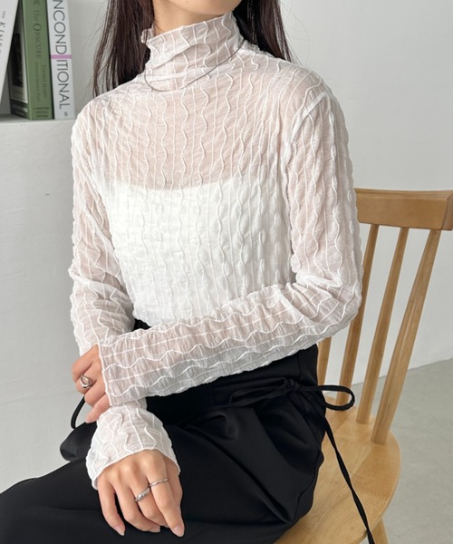 CLEA(クレア)の「ウェーブデザインシアートップス(Tシャツ/カットソー・レディース・グレー/ブラック/アイボリー/ブラウン/ホワイト・FREE)」の10枚目の写真