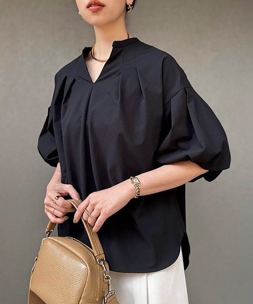 美品 エストネーション ブラック バルーンスリーブ シアー ブラウス キーネック 美品 エストネーション ブラック バルーンスリーブ シアー