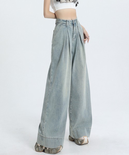 Teem Store（チームストア）の「フロントタックルーズワイドヴィンテージ加工デニム（デニムパンツ・レディース・ブルー・S/M/L）」の5枚目の写真