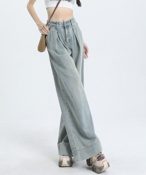 Teem Store（チームストア）の「フロントタックルーズワイドヴィンテージ加工デニム（デニムパンツ・レディース・ブルー・S/M/L）」の6枚目の写真