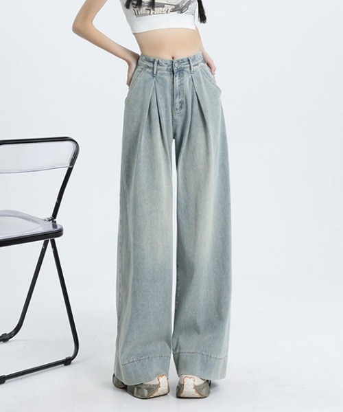 Teem Store（チームストア）の「フロントタックルーズワイドヴィンテージ加工デニム（デニムパンツ・レディース・ブルー・S/M/L）」の11枚目の写真