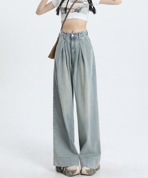 Teem Store（チームストア）の「フロントタックルーズワイドヴィンテージ加工デニム（デニムパンツ・レディース・ブルー・S/M/L）」の12枚目の写真