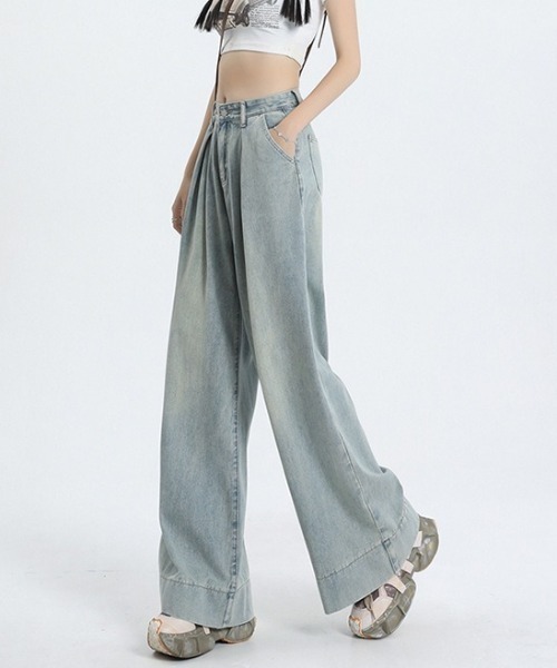 Teem Store（チームストア）の「フロントタックルーズワイドヴィンテージ加工デニム（デニムパンツ・レディース・ブルー・S/M/L）」の9枚目の写真