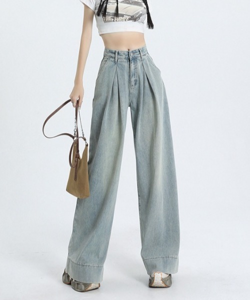 Teem Store（チームストア）の「フロントタックルーズワイドヴィンテージ加工デニム（デニムパンツ・レディース・ブルー・S/M/L）」の10枚目の写真