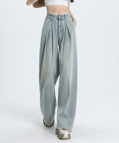 Teem Store（チームストア）の「フロントタックルーズワイドヴィンテージ加工デニム（デニムパンツ・レディース・ブルー・S/M/L）」の13枚目の写真