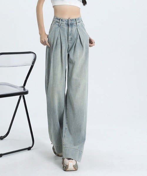 Teem Store（チームストア）の「フロントタックルーズワイドヴィンテージ加工デニム（デニムパンツ・レディース・ブルー・S/M/L）」の16枚目の写真