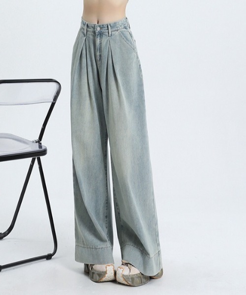 Teem Store（チームストア）の「フロントタックルーズワイドヴィンテージ加工デニム（デニムパンツ・レディース・ブルー・S/M/L）」の17枚目の写真