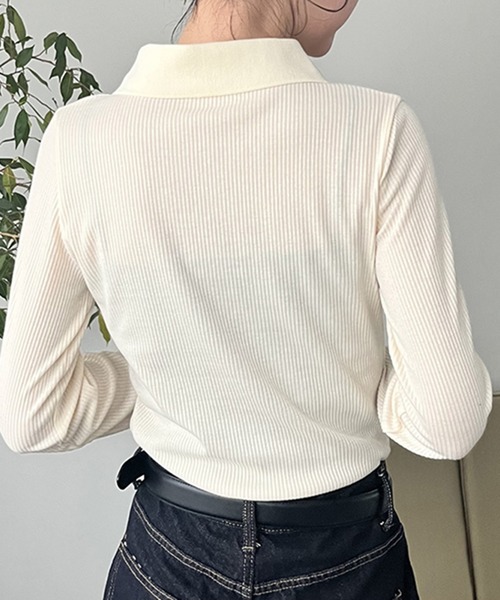 STYLEBLOCK（スタイルブロック）の「カットリブゴールドボタン襟付きトップス（Tシャツ/カットソー・レディース・グレー/ブラック/アイボリー・FREE）」の8枚目の写真