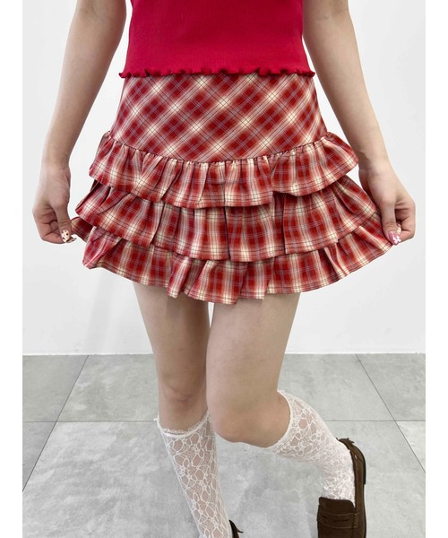 PHILLY（フィリー）の「【PHILLY】フリル切替チェックミニスカート（スカート・レディース・ブラック/レッド・FREE）」の2枚目の写真