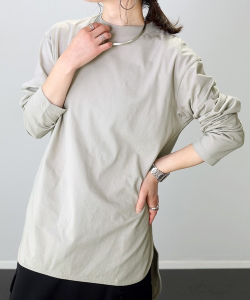 リブ襟サイドスリット長袖カットソー（Tシャツ/カットソー