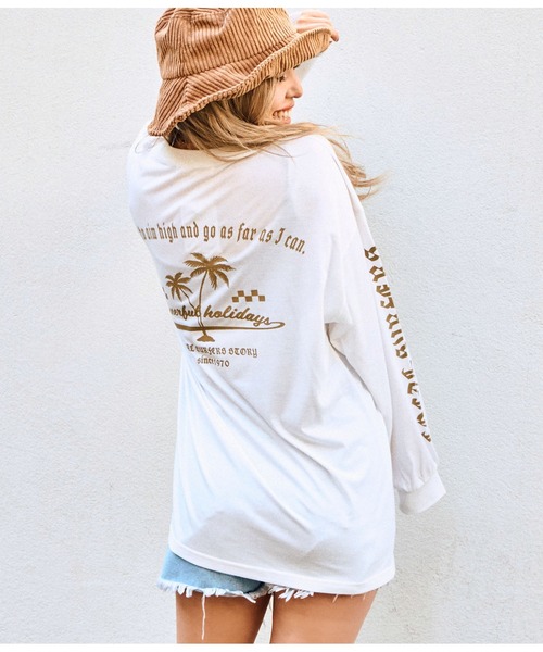 anap mimpi（アナップミンピ）の「チェッカー サーフ 袖ロゴ プリント ビッグ 長袖 ロンT（Tシャツ/カットソー・レディース・ブラック/オフホワイト・FREE）」の6枚目の写真