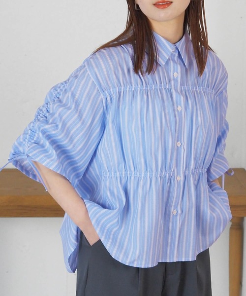 tiptop(ティップトップ)の「袖ドロストシャーリングシャツ(シャツ/ブラウス・レディース・ピンク系その他/オフホワイト/サックスブルー系・FREE)」の3枚目の写真