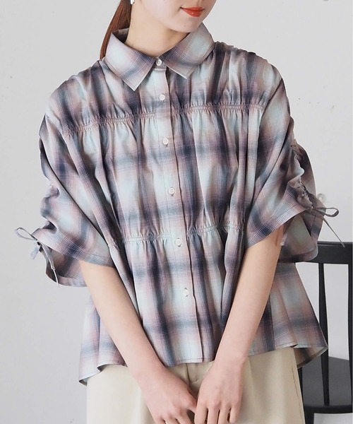 tiptop(ティップトップ)の「袖ドロストシャーリングシャツ(シャツ/ブラウス・レディース・ピンク系その他/オフホワイト/サックスブルー系・FREE)」の1枚目の写真