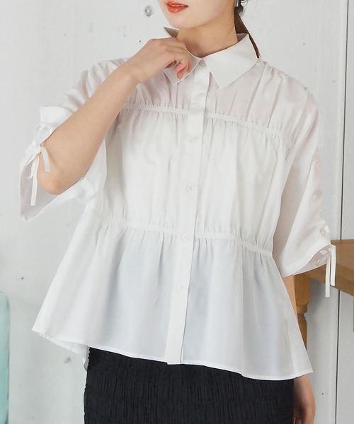 tiptop(ティップトップ)の「袖ドロストシャーリングシャツ(シャツ/ブラウス・レディース・ピンク系その他/オフホワイト/サックスブルー系・FREE)」の4枚目の写真