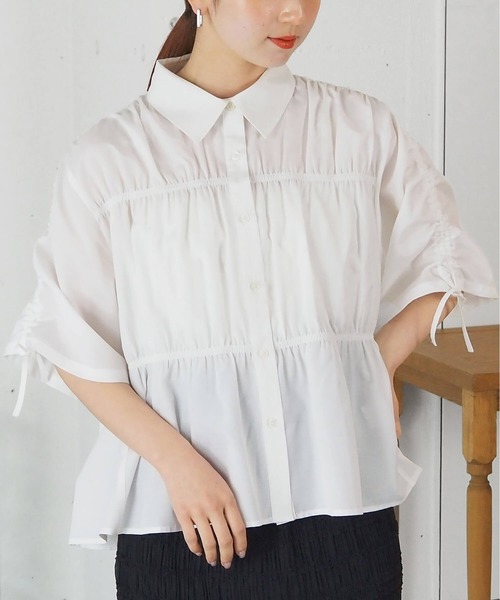 tiptop(ティップトップ)の「袖ドロストシャーリングシャツ(シャツ/ブラウス・レディース・ピンク系その他/オフホワイト/サックスブルー系・FREE)」の5枚目の写真