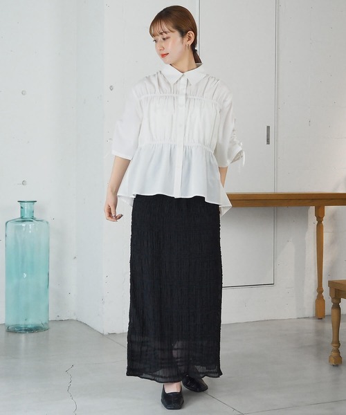 tiptop(ティップトップ)の「袖ドロストシャーリングシャツ(シャツ/ブラウス・レディース・ピンク系その他/オフホワイト/サックスブルー系・FREE)」の7枚目の写真